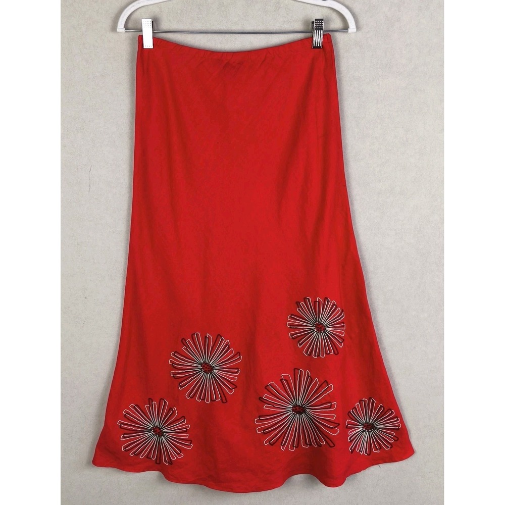 Boden Red Linen Midi Skirt Embroidered Floral‎ A Line Elastic Waist Cottagecore